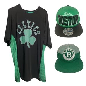 Celtics Unk NBA Men T-Shirt Color Black Size Large & 2 Celtic Snap Back Hats Cap